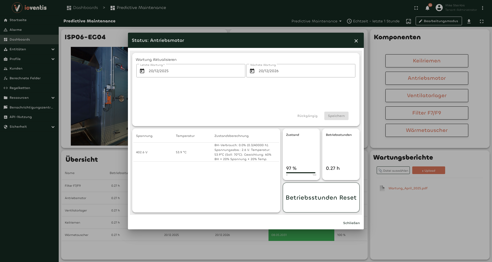 Detailansicht einer Komponente mit Zustandsberechnung und Wartungsdokumentation